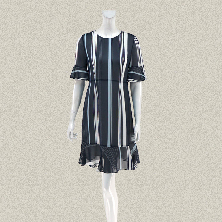 新!卡迪DL 正品 雅致条纹荷叶摆OL女夏季短袖连衣裙 C1AH634300