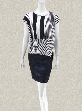 新!爱珂菲EAACPP 黑白条纹不对称拼接包肩女夏棉弹力上衣EL22034B