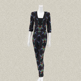 连体长裤 JH风 大花印花肩章度假风女春夏连身裤 七分袖 KG919 正品