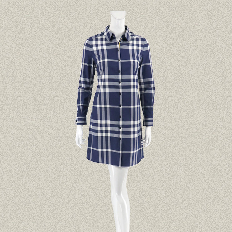 新!法路INA  雅致蓝白格子修身棉弹力女春秋衬衫式连衣裙FRCL7290