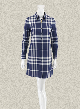 新!法路INA  雅致蓝白格子修身棉弹力女春秋衬衫式连衣裙FRCL7290