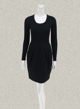 CYC 正品 毛织拼接亮片饰羊毛薄呢假两件黑色女春秋冬连衣裙 5549