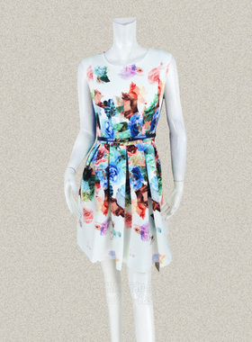 蕾DOW 正品 圆领无袖印花大摆裙收腰女春秋针织连衣裙L5AB14018