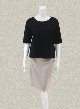 奈CO 贴袋装饰插肩五分袖黑色女春秋直身H型短款羊毛针织衫071003