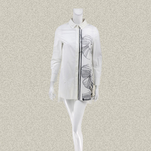 新!奈CO 正品 翻领不对称印花OL白色女春夏全棉中长衬衫AGF261900