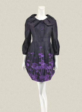 CYC 正品 拼色欧根纱提花八分袖娃娃领紫色女春秋中长外套 4639