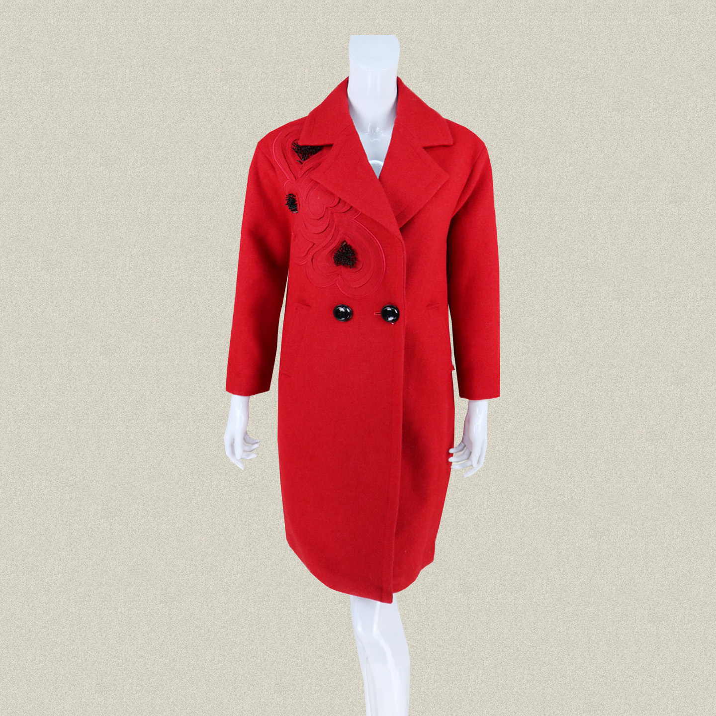 D*uble*爱 正品 心形贴布钉珠红色女春秋冬羊毛大衣呢外套 8204
