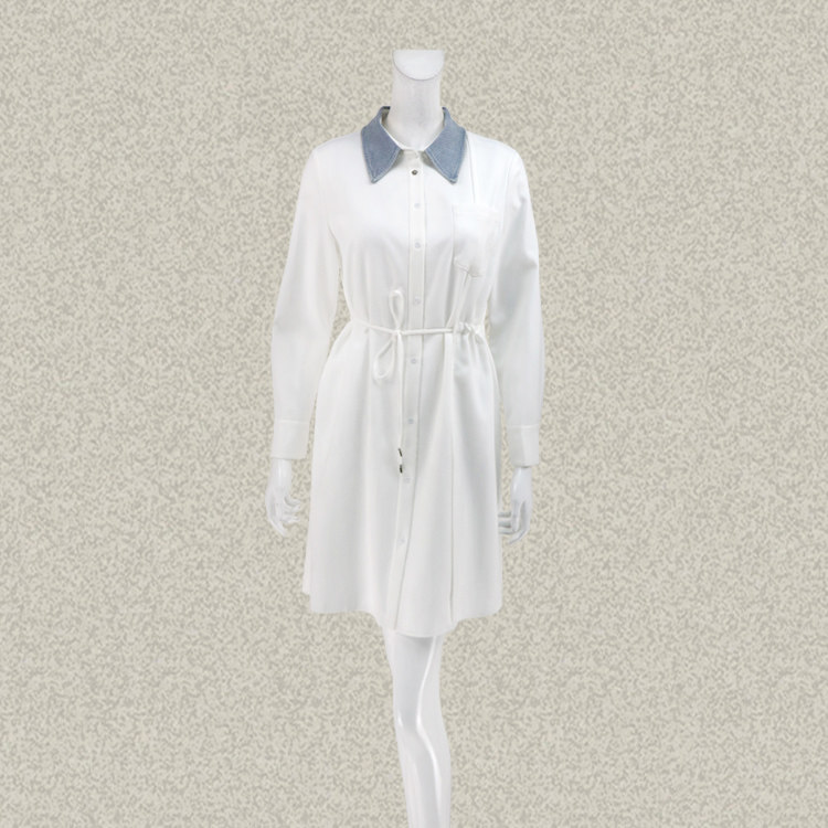 仿F/ DE K*RA 正品 牛仔拼色抽绳白色女春秋长袖开襟连衣裙 00151