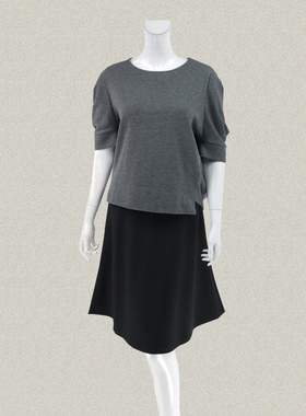 尚MORE 连肩蝙蝠袖不平齐下摆灰色中袖女春秋毛圈底针织上衣 YY16