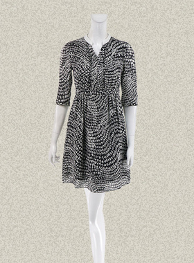 新!卡迪DL 正品雅致黑白波点印花女夏季桑蚕丝连衣裙AGD650200 XS