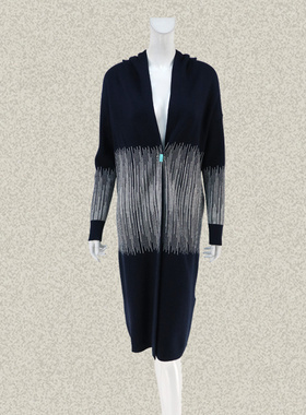 新!法路INA 蓝白细条纹提花女冬春羊毛针织外套中长开衫 FQAA5024