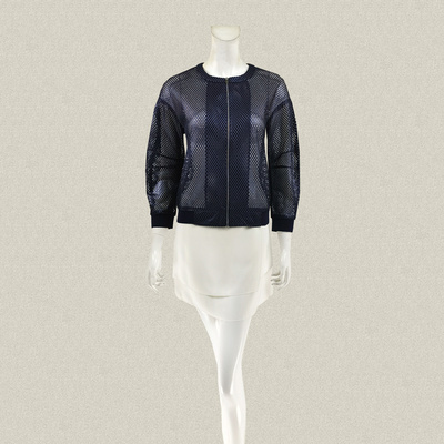 尚MORE 透气洞眼提花罗纹拼接蓝色女春夏秋休闲拉链短外套 CT016