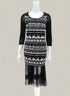 新!JH风 品牌折扣 蕾丝拼接植绒印花七分袖女夏两件套连衣裙LB149