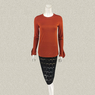 女春夏秋弹力亲肤套头针织衫 蕾DOW 饰修身 口虾须线装 烫钻喇叭袖