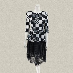 套头女春夏秋弹力上衣 裘TN 修身 黑白格子印花中袖 542035A 正品