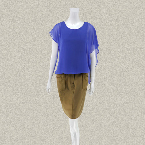 丝fu卡 正品 不对称蝙蝠袖宝蓝色女夏季假两件短袖雪纺上衣226600