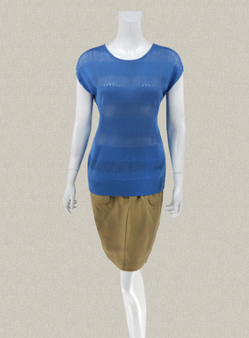 丝FU卡 正品 间隔镂空小洞眼提花蓝色女夏亲肤百搭针织上衣 21022