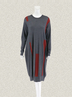 法路INA 正品 不对称拼色雅致灰色女春秋冬长款羊毛针织毛衫 6030