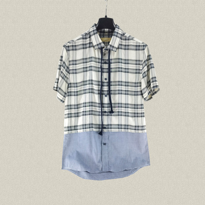 桀A jie*r 男装正品 绑带牛仔拼色清新格子夏秋短袖衬衫 JS50102