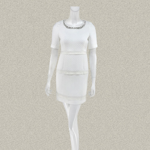 尚MORE 正品 精致钉钻织带拼贴清新白色修身女夏短袖连衣裙 CY075