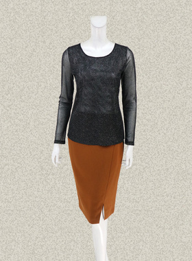 丝fu卡 夹亮丝波点黑色百搭女春秋弹力长袖针织上衣打底衫 126020