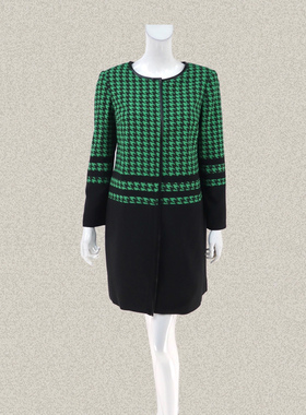 爱珂菲EAACPP 正品 拼色千鸟格修身女春秋冬拉链长外套风衣 18016