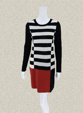 蕾DOW 正品 拼色条纹提花女春秋弹力针织连衣裙长袖毛衫裙 84004