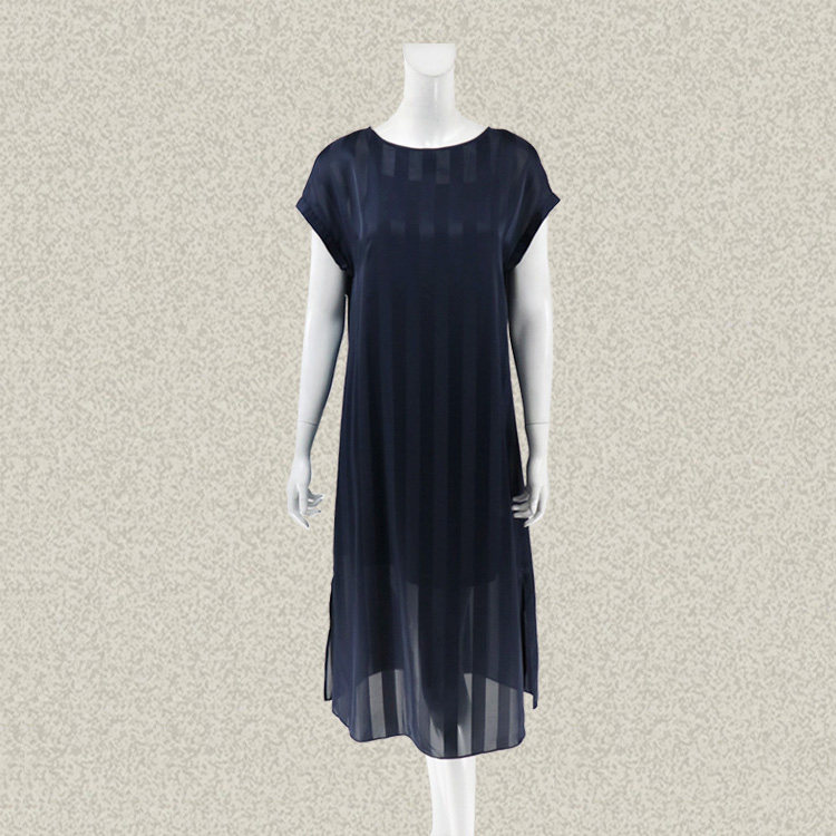 卡迪DL 正品 连肩袖条纹提花两件套女夏深蓝宽松连衣裙 D632202