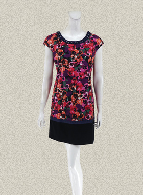 蕾DOW 正品 立体花边钉钻甜美印花棉弹力女春夏包肩连衣裙 14039