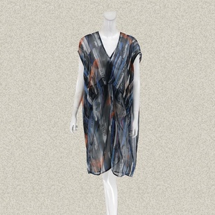 61127A1 水彩风条纹字母印花不规则女夏半透雪纺长上衣 裘TN 正品