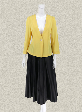 丝fu卡 正品 V领一粒扣九分袖黄色女春秋大码弹力针织外套 330120