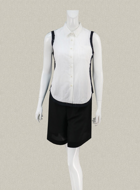 V*VA HE*RT 正品 黑白拼色毛边装饰无袖翻领女夏季全棉衬衫 52405