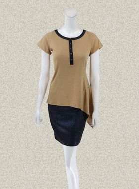 V*VA HE*RT 正品 不规则摆半开胸拼色女夏全棉短袖针织衫 40407