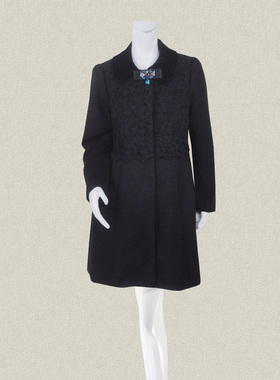 C*f*n 正品 金丝绒翻领镂空绣花黑色女春秋冬羊毛大衣毛呢外套238