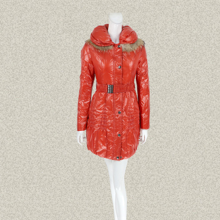 钡家 正品 可拆貉子毛领甜美桔红色女冬春白鸭绒中长羽绒服 WY210