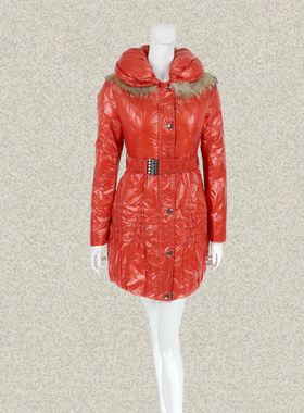 钡家 正品 可拆貉子毛领甜美桔红色女冬春白鸭绒中长羽绒服 WY210