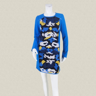 卡VON 正品 绵羊皮镶边拼色绣花文艺女春秋冬羊毛呢H型连衣裙 963