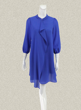 丝fu卡 正品 立领荷叶边半开胸女春秋宽松A型宝蓝色连衣裙 180070