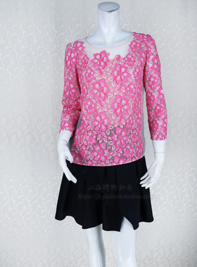 新!Double*爱 圆领七分袖欧根纱拼接甜美女春秋提花蕾丝衫Y2001A