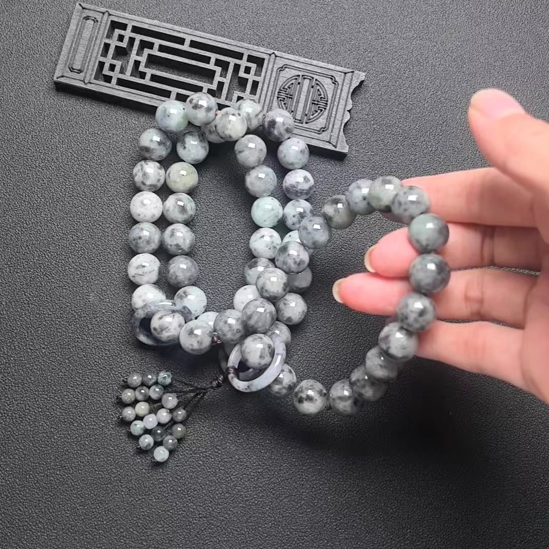 隆慈缘原矿翡翠A货12mm冰糯乌鸡水墨画手持圆珠手串玉石乌鸡手链