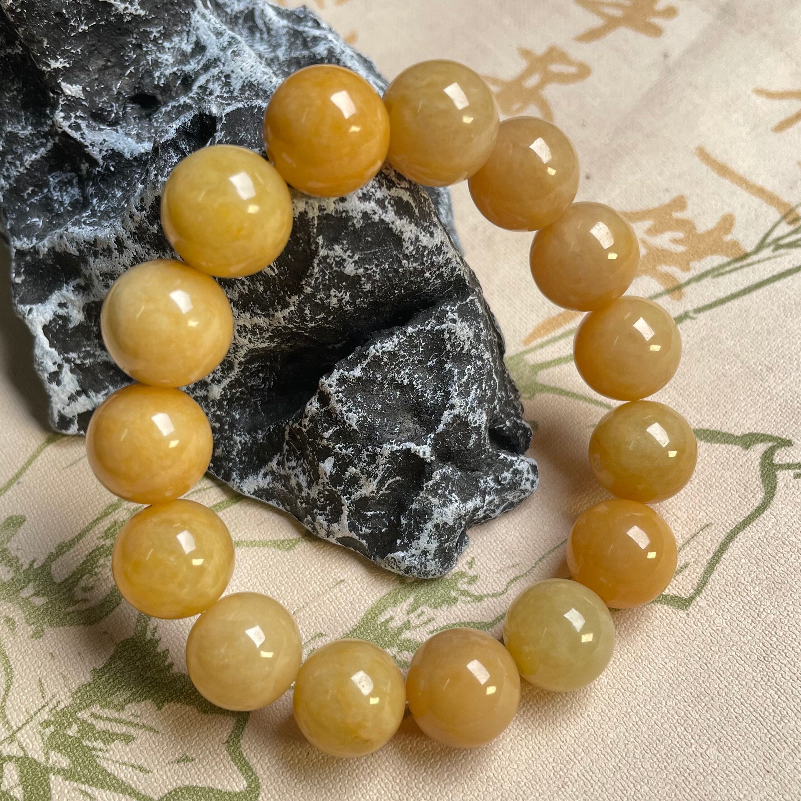 隆慈缘原矿翡翠A货13mm冰糯种黄翡手串男款圆珠霸气玉石手链