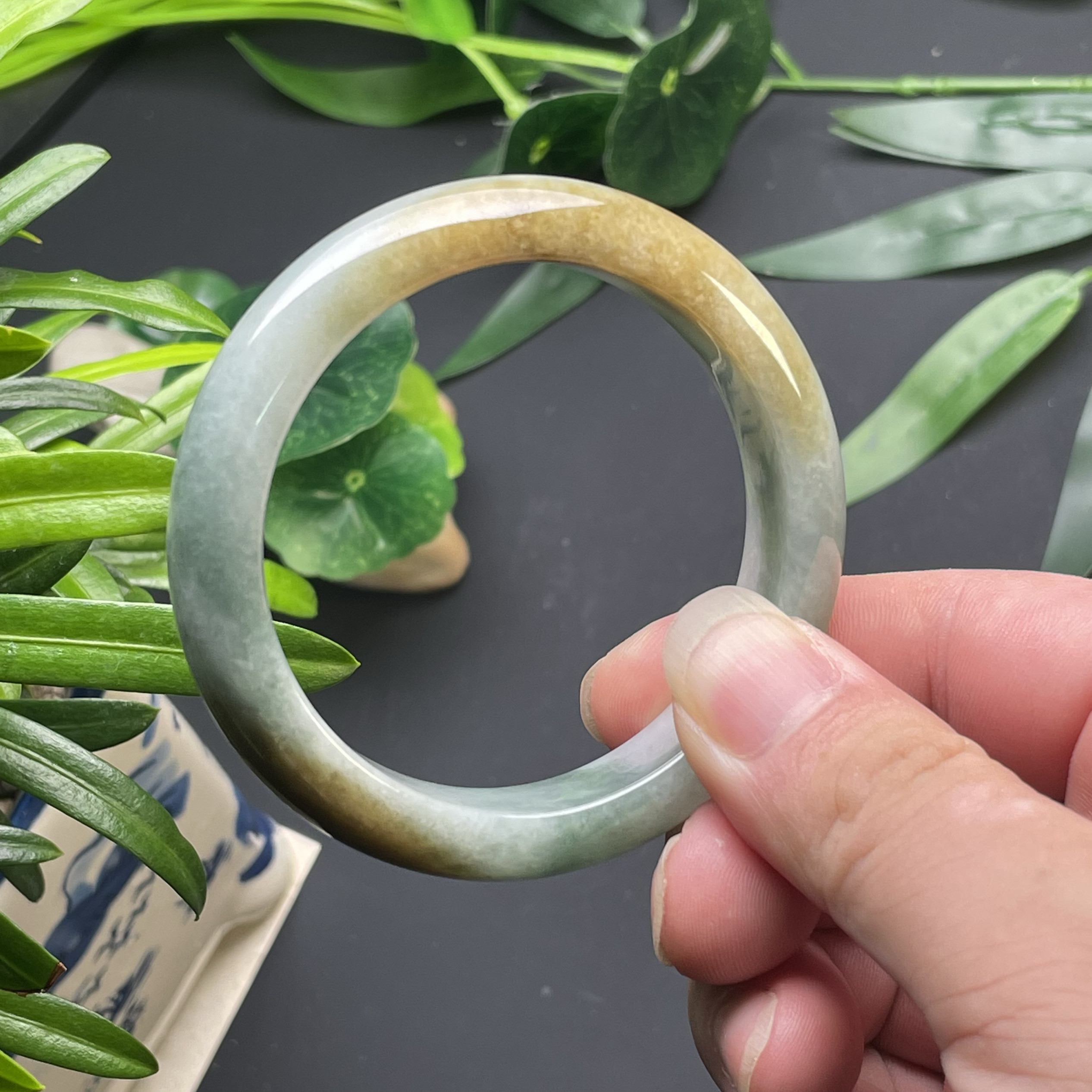 隆慈缘缅甸原矿A货翡翠55mm手镯冰糯种自然黄翡绿彩飘花手镯