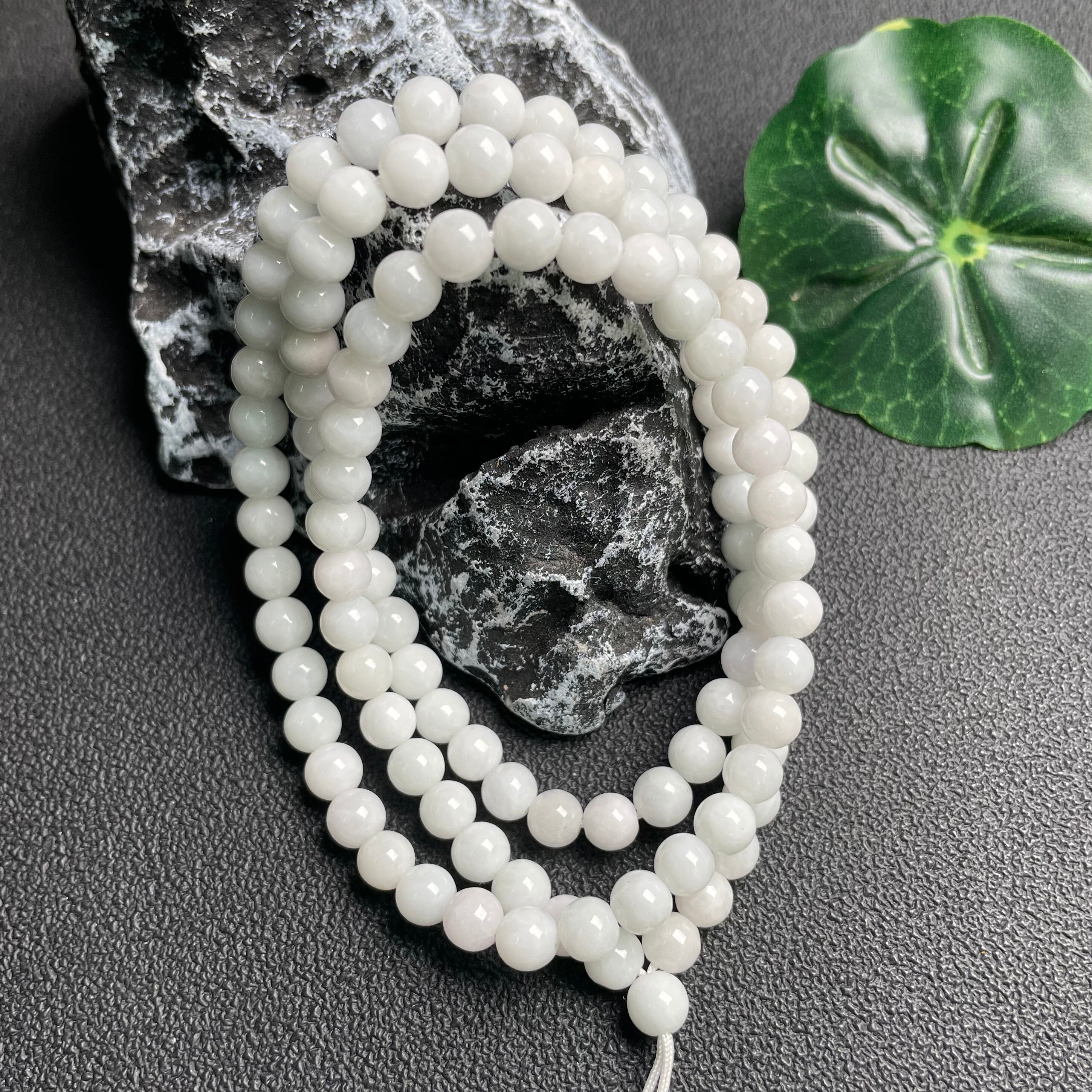 隆慈缘原矿A货翡翠6mm细糯白108颗佛珠脖挂多圈手串圆珠玉石挂链