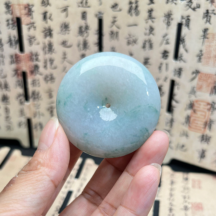 缅甸A货冰糯飘蓝花翡翠平安扣