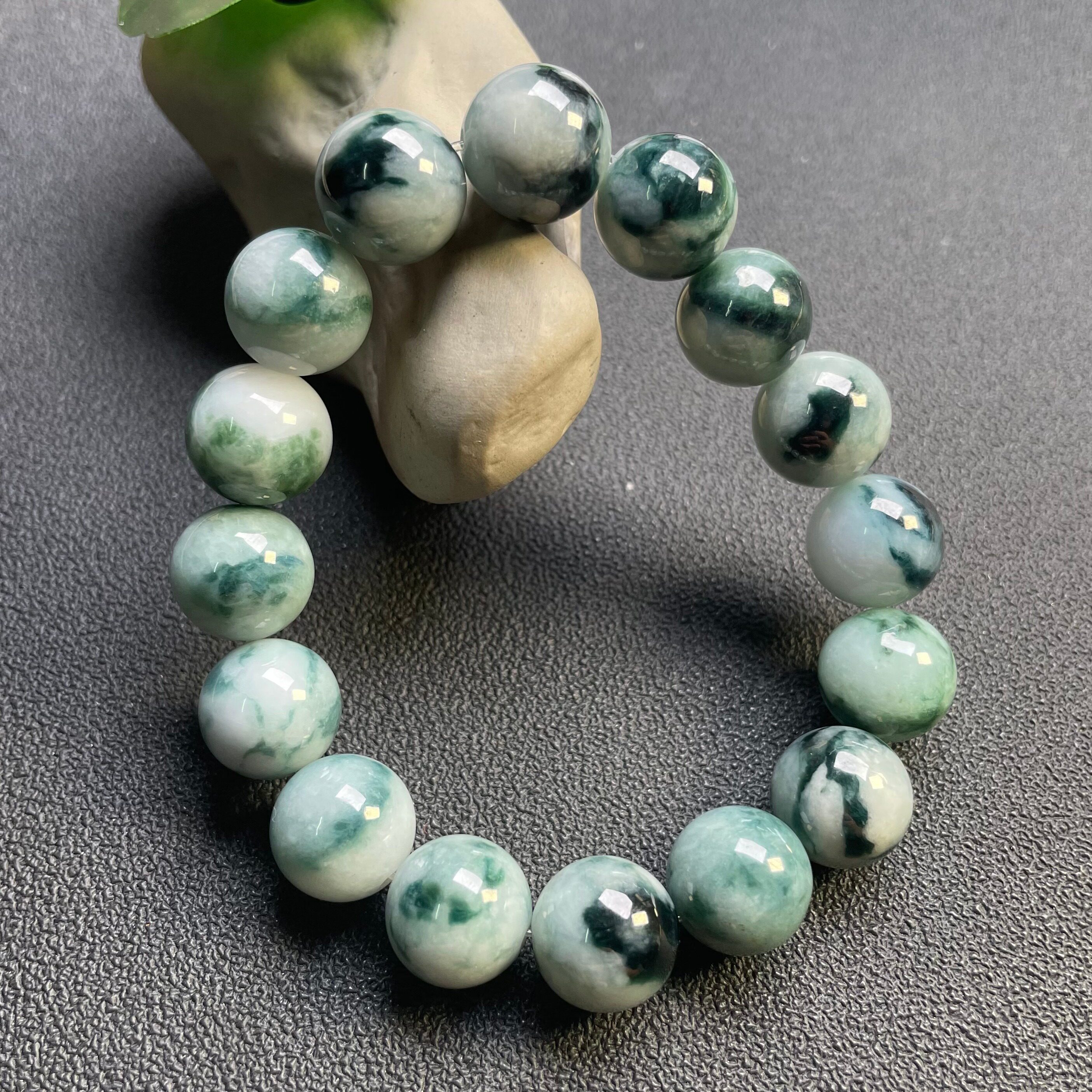 隆慈缘原矿翡翠源头a货翡翠冰糯种14mm飘花手串蓝花手串玉石手链