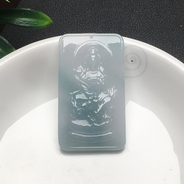 A货飘花翡翠文殊观音方牌吊坠缅甸保真冰糯种属兔生肖守护神挂坠