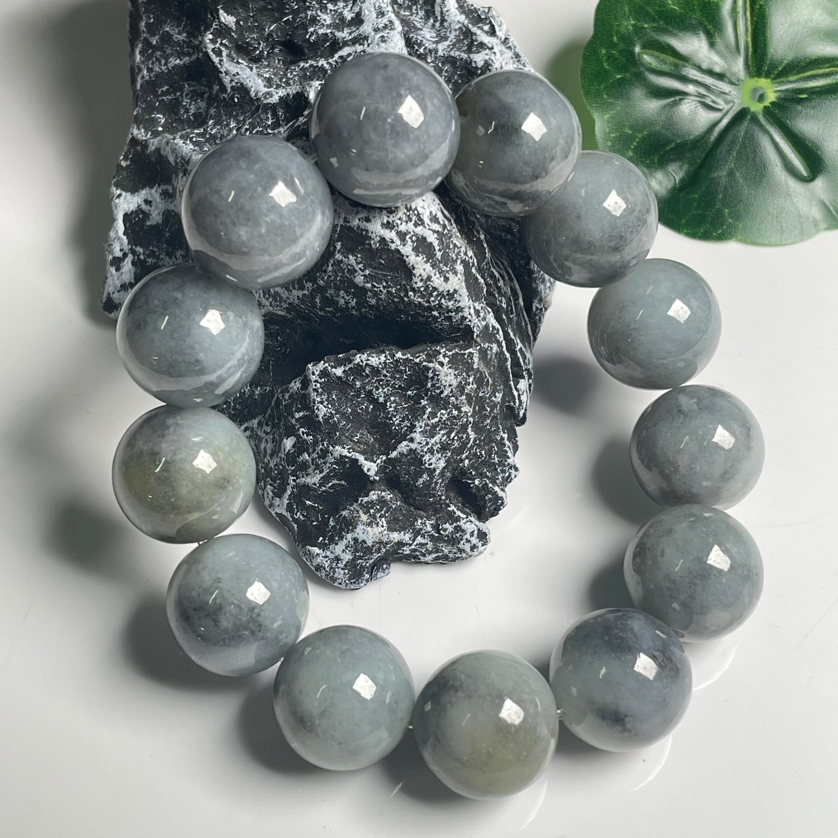 隆慈缘翡翠A货缅甸玉17mm水墨画乌鸡冰糯灰黑手链乌鸡手串