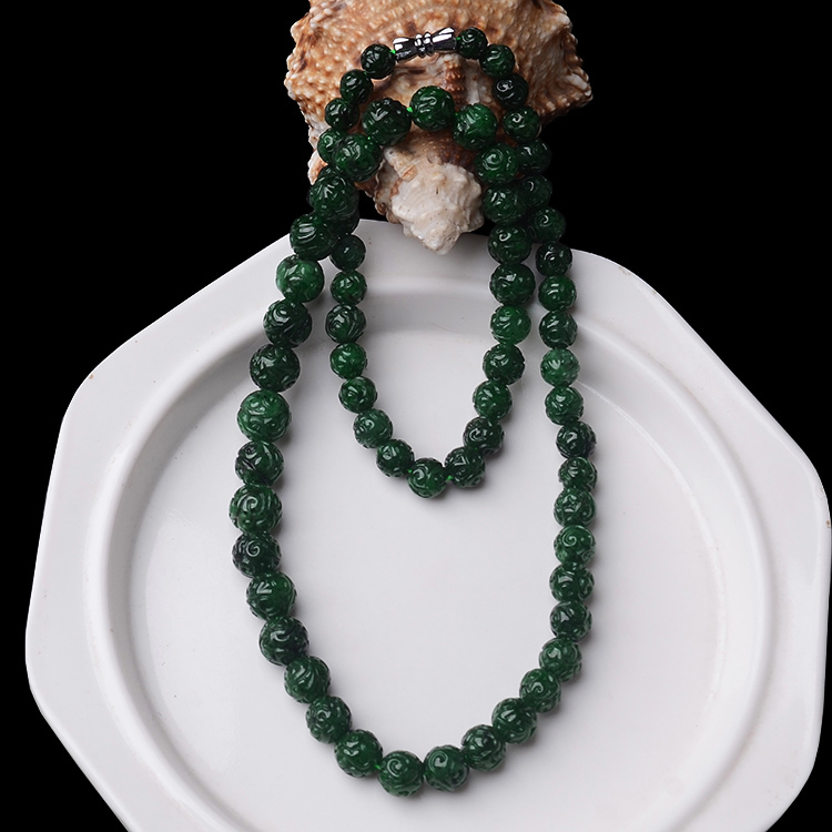 隆慈缘玉器正品冰糯种A货满色深绿翡翠圆珠雕花珠链送证项链包邮
