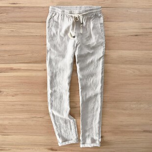 宽松棉麻纯色长裤 松紧抽绳直筒裤 休闲裤 小清新复古100%纯亚麻男式
