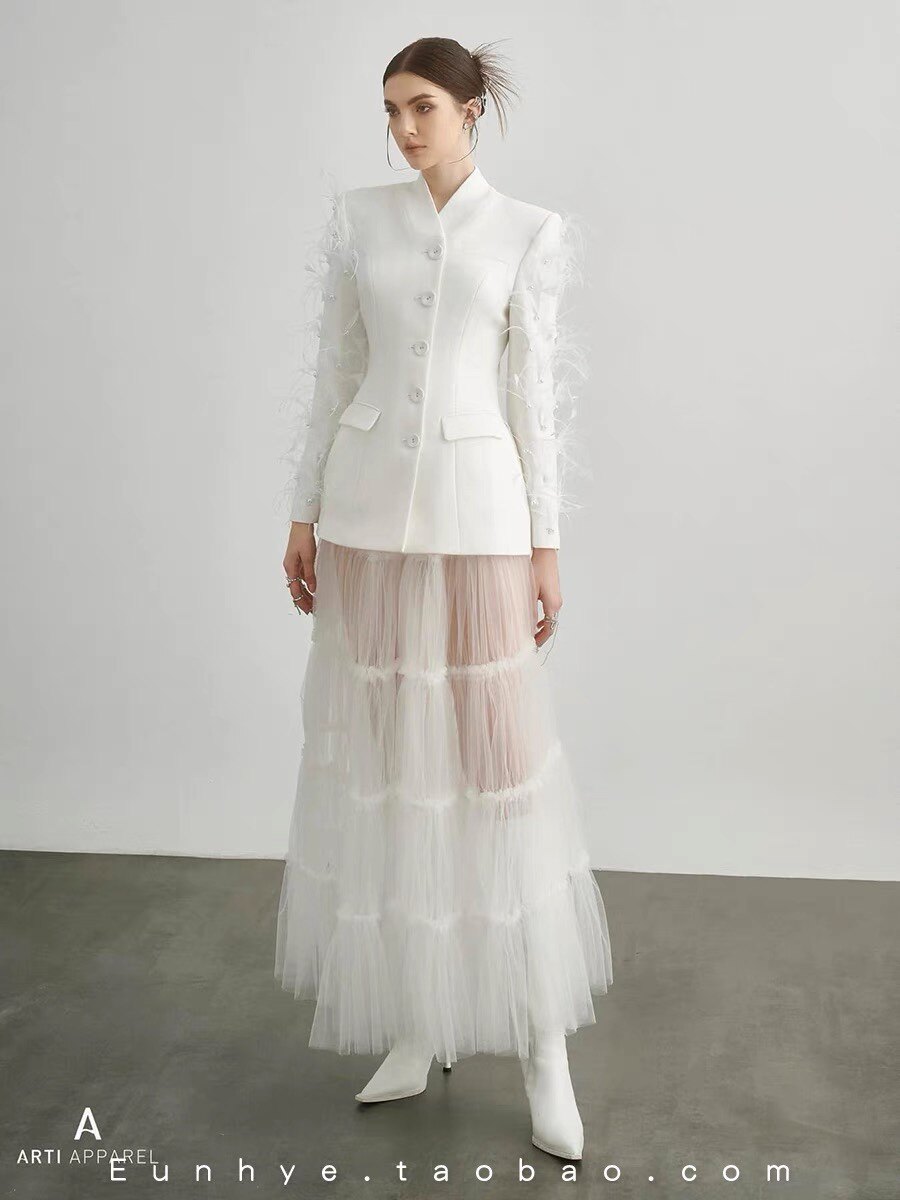 2024秋冬新款西装外套女装羽毛晚宴跨年聚会礼服白色西装女神西装